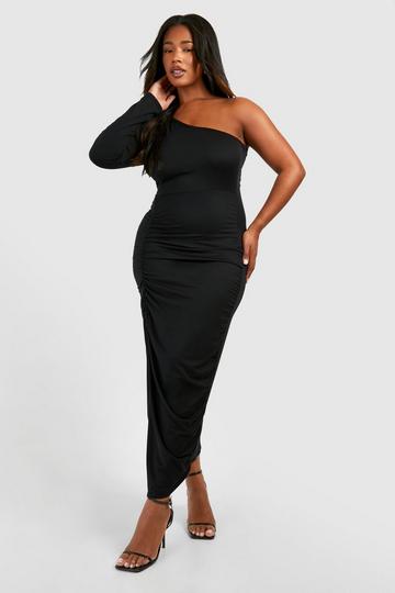 Plus Super Soft One Shoulder Ruched Split Midaxi Dress black