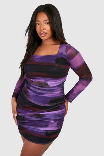 Plus Square Neck Ruched Printed Mesh Bodycon Dress purple