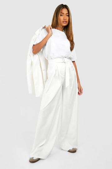 Satin Belted Wide Leg Trouser ivory