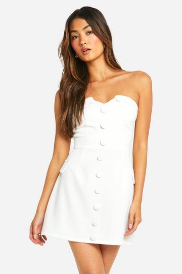 Button Front Bandeau Tailored Mini Dress ivory