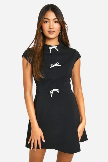Black High Neck Bow Detail Tailored Mini Dress