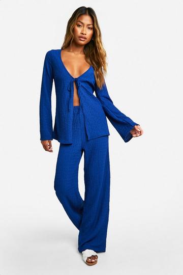 Textured Crinkle Tie Front Top & Wide Leg Trousers royal