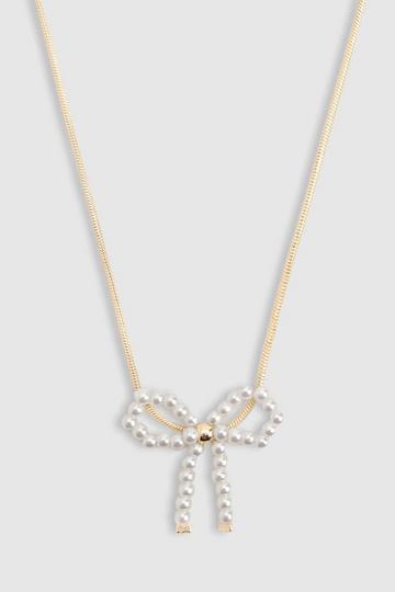 White Delicate Gold Pearl Detail Bow Necklace