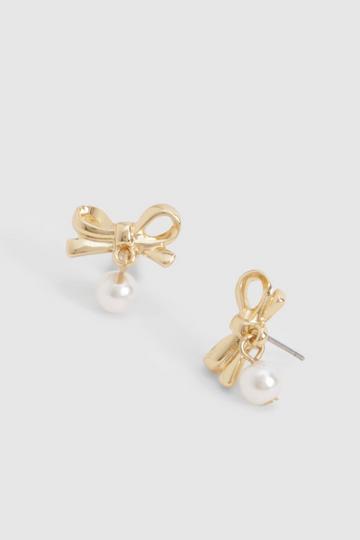Gold Metallic Bow & Pearl Drop Earrings