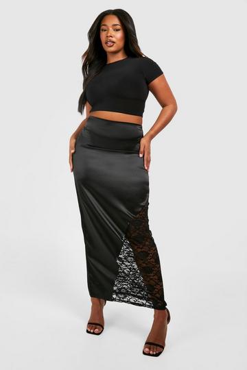 Black Plus Lace Insert Satin Maxi Skirt