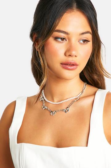 Pearl & Bow Chain Layered Necklace silver