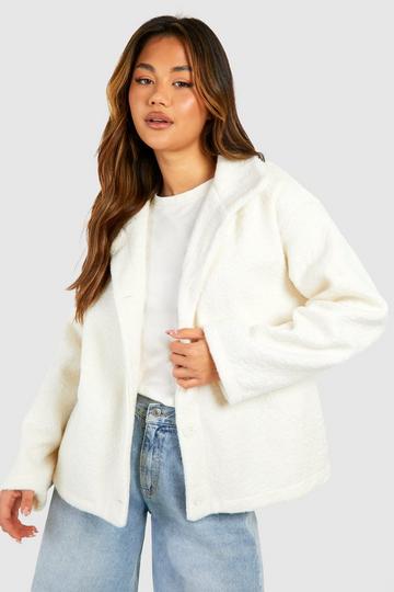 White Textured Wool Look Button Detail Jacket