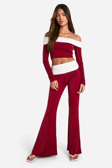 Foldover Contrast Waistband Flared Trousers cherry