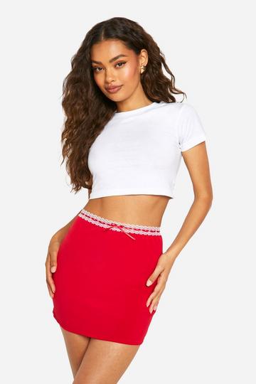 Lace Bow Waist Detal Jersey Mini Skirt red