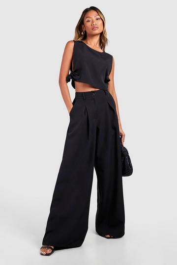 High Waisted Pleated Wide Leg Trouser black