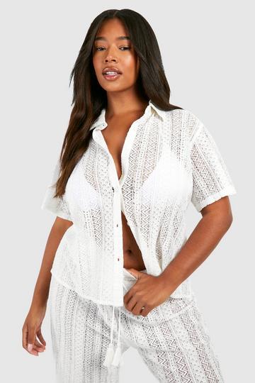 Cream White Plus Crochet Beach Shirt
