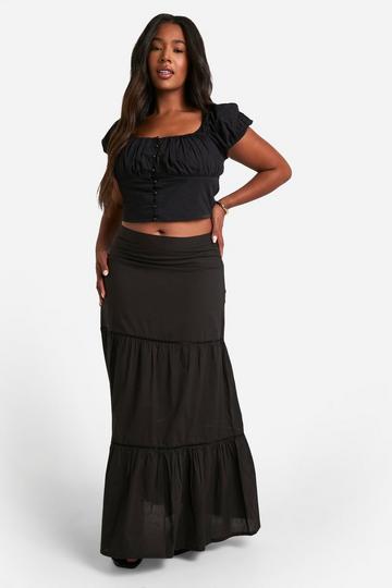 Plus Cotton Crochet Trim Maxi Skirt black