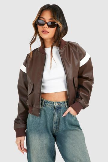 Faux Leather Cropped Moto Detail Bomber Jacket chocolate
