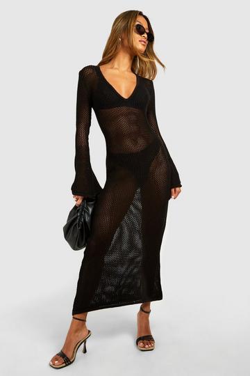 Crochet V Neck Maxi Dress black