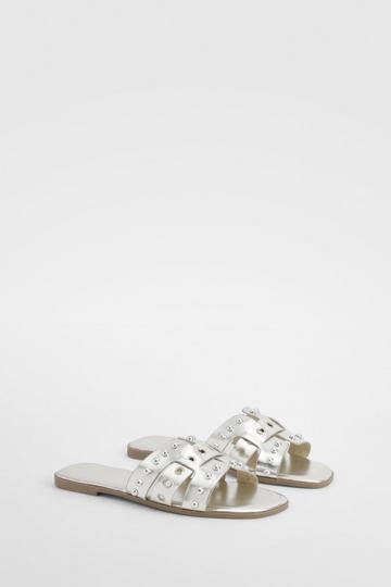 Wide Fit Metallic Studded Woven Sandals silver