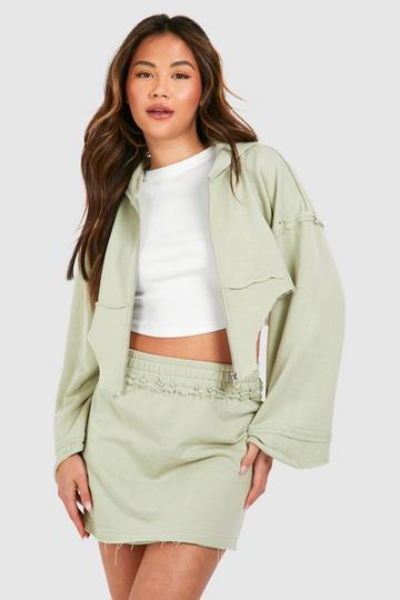 Sage Green Corset Hem Zip Through Hooded And Sweat Skirt Set