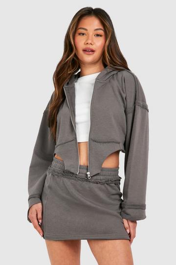 Corset Hem Zip Through Hooded And Sweat Skirt Set charcoal