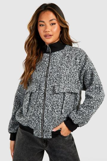Grey Pocket Detail Textured Wool Look Bomber Jacket