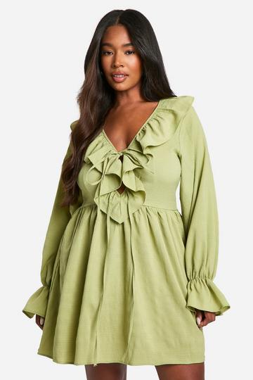 Olive Green Plus Textured Woven Frill Skater Dress