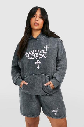 Plus West Coast Cross Print Washed Hooded Short Tracksuit charcoal