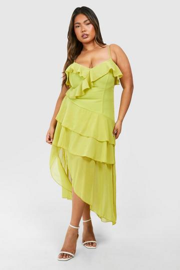 Olive Green Plus Satin Ruffle Midaxi Dress