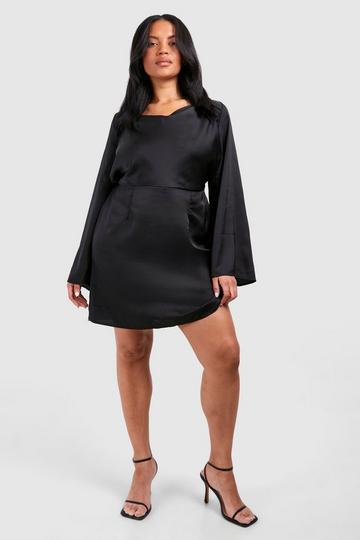 Plus Textured Cowl Flared Sleeve Mini Dress black