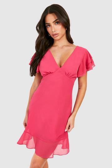 Pink Petite Chiffon Frill Shoulder Mini Dress
