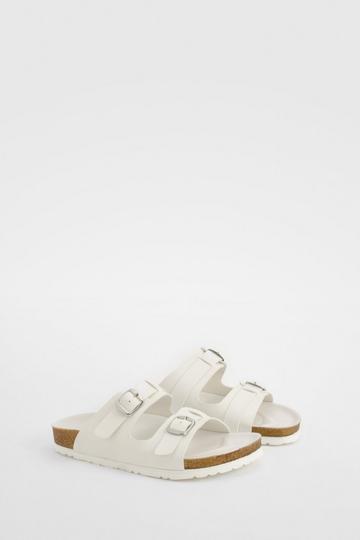 Wide Fit Buckle Detail Footbed Sliders white