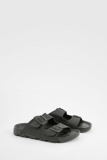 Wide Fit Double Buckle Footbed Sliders black