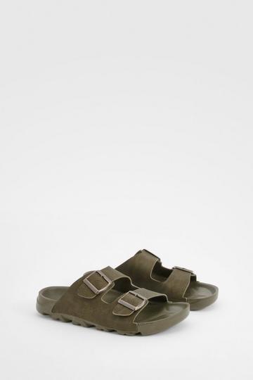 Wide Fit Double Buckle Footbed Sliders khaki