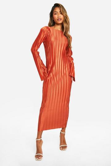 Rust Orange Plisse Flare Sleeve Midaxi Dress