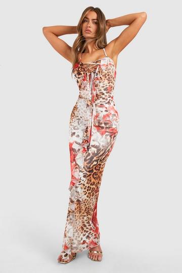 Multi Leopard Ruffle Mesh Strappy Maxi Dress