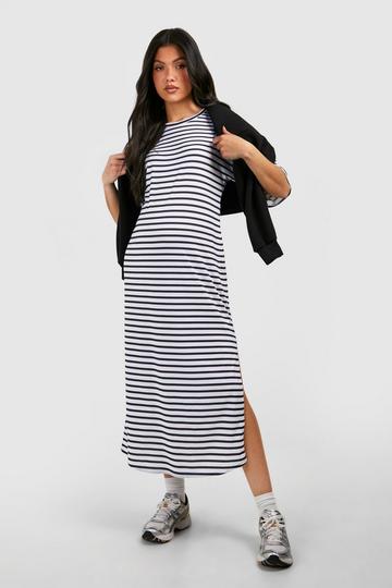Maternity Short Sleeve Split Hem Striped Dress white