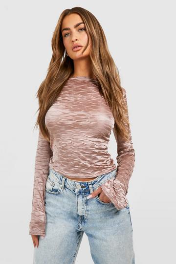 Textured Satin Low Back Flare Sleeve Top taupe