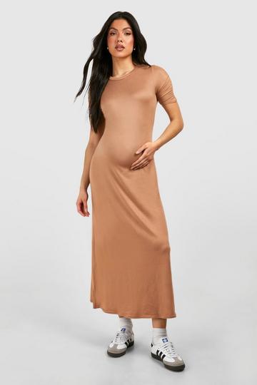 Maternity Ruched Sleeve Supersoft Column Midaxi Dress camel