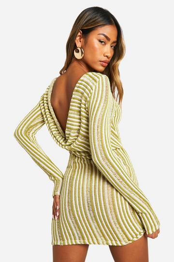 Cowl Back Stripe Sheer Knitted Mini Dress green