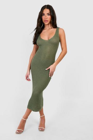 Olive Green Petite Knit Plunge Midi Dress