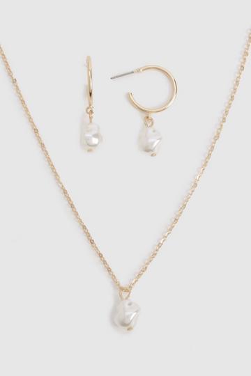 Gold Metallic Drop Pearl Hoop Earrings And Necklace Set