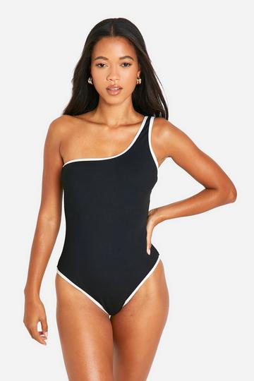 Contrast Binding Ribbed One Shoulder Swimsuit black