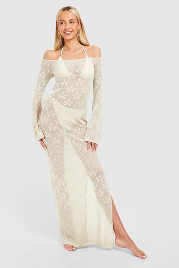 Stone Beige Tall Bardot Floral Crochet Maxi Dress