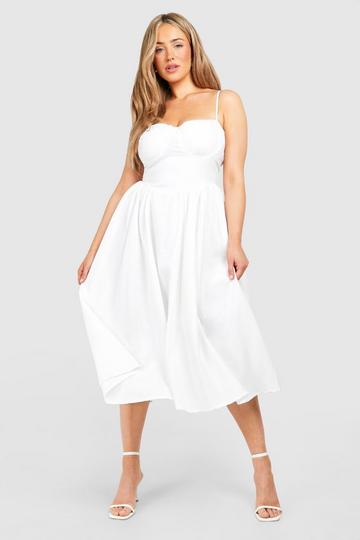 Plus Linen Milkmaid Midi Dress white