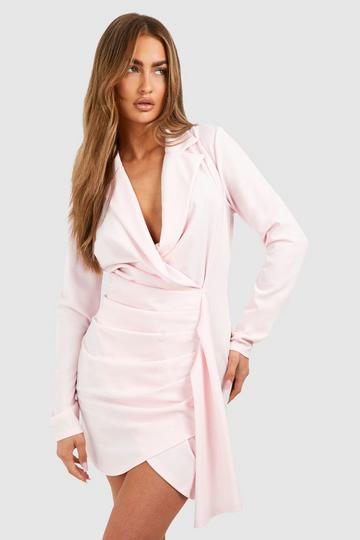 Pink Ruched Drape Long Sleeve Blazer Dress