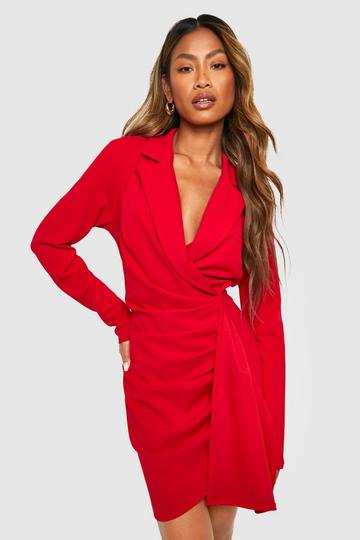 Ruched Drape Long Sleeve Blazer Dress red