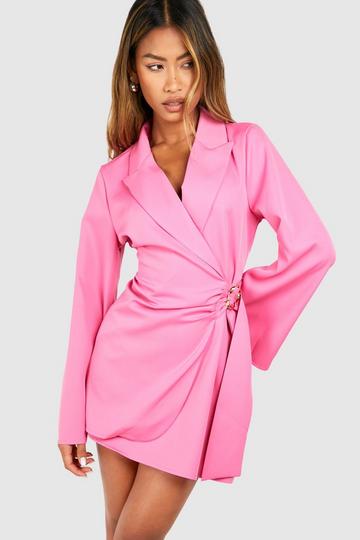 Buckle Detail Tie Waist Tailored Blazer Dress pink