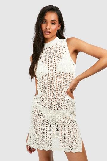 Stone Beige Tall Crochet Cut Out Detail Mini Dress