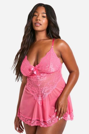 Plus Strappy Lace & Mesh Babydoll pink