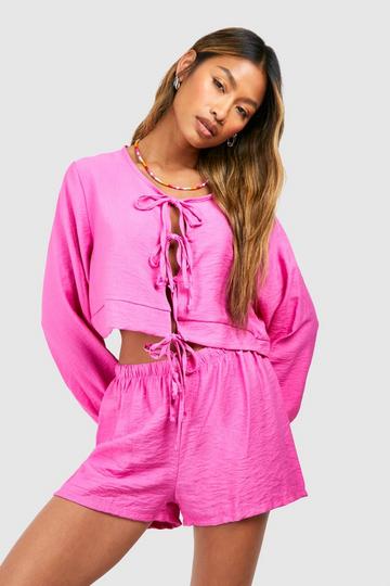 Textured Linen Look Volume Sleeve Blouse & Flippy Shorts candy pink