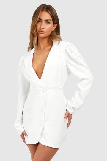 Ivory White Pearl Detail Puff Sleeve Tailored Blazer Dress