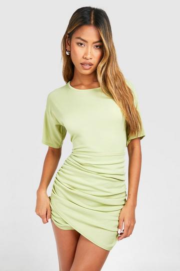 Sage Green Rib Ruched Wrap Mini Dress
