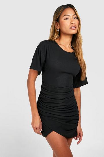 Rib Ruched Wrap Mini Dress black